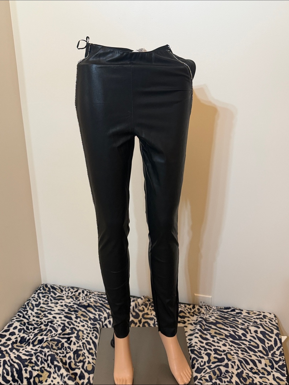 Jijil Black Faux Leather Pants with Rhinestones Trim and Zipper on the Side